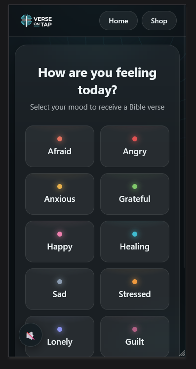 A mobile app interface screen titled 'How are you feeling today?' with options such as Afraid, Angry, Anxious, Grateful, Happy, Healing, Sad, Stressed, Lonely, and Guilt. The top shows 'Verse Tap' and navigation buttons 'Home' and 'Shop'.