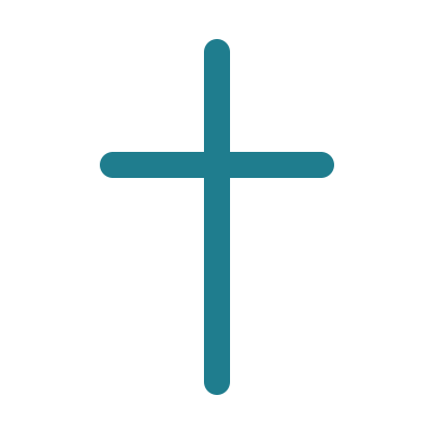 A simple teal Christian cross with rounded ends on a solid white background.